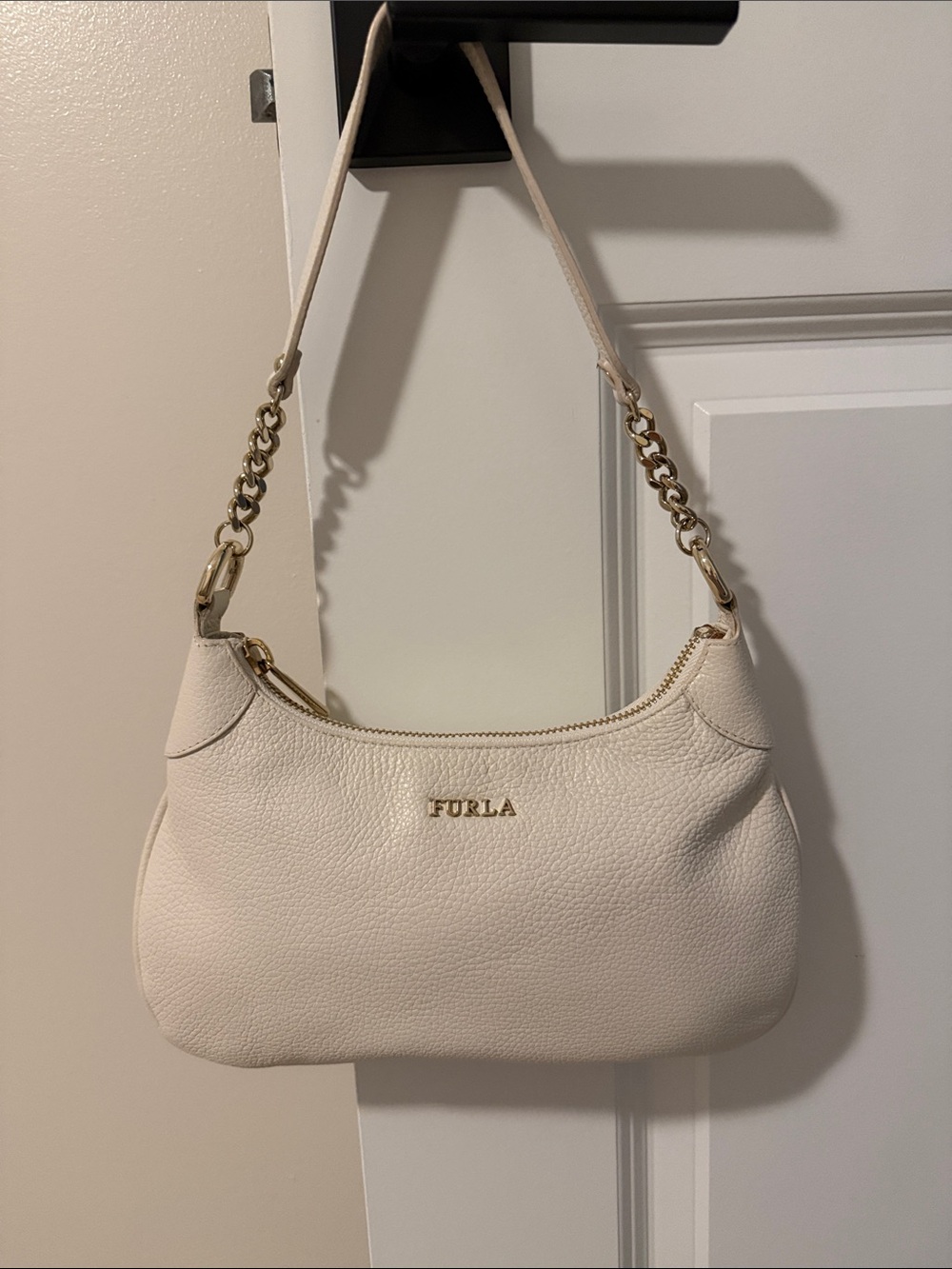 Furla Pebbled Leather Shoulder Bag in Cream with Gold Hardware